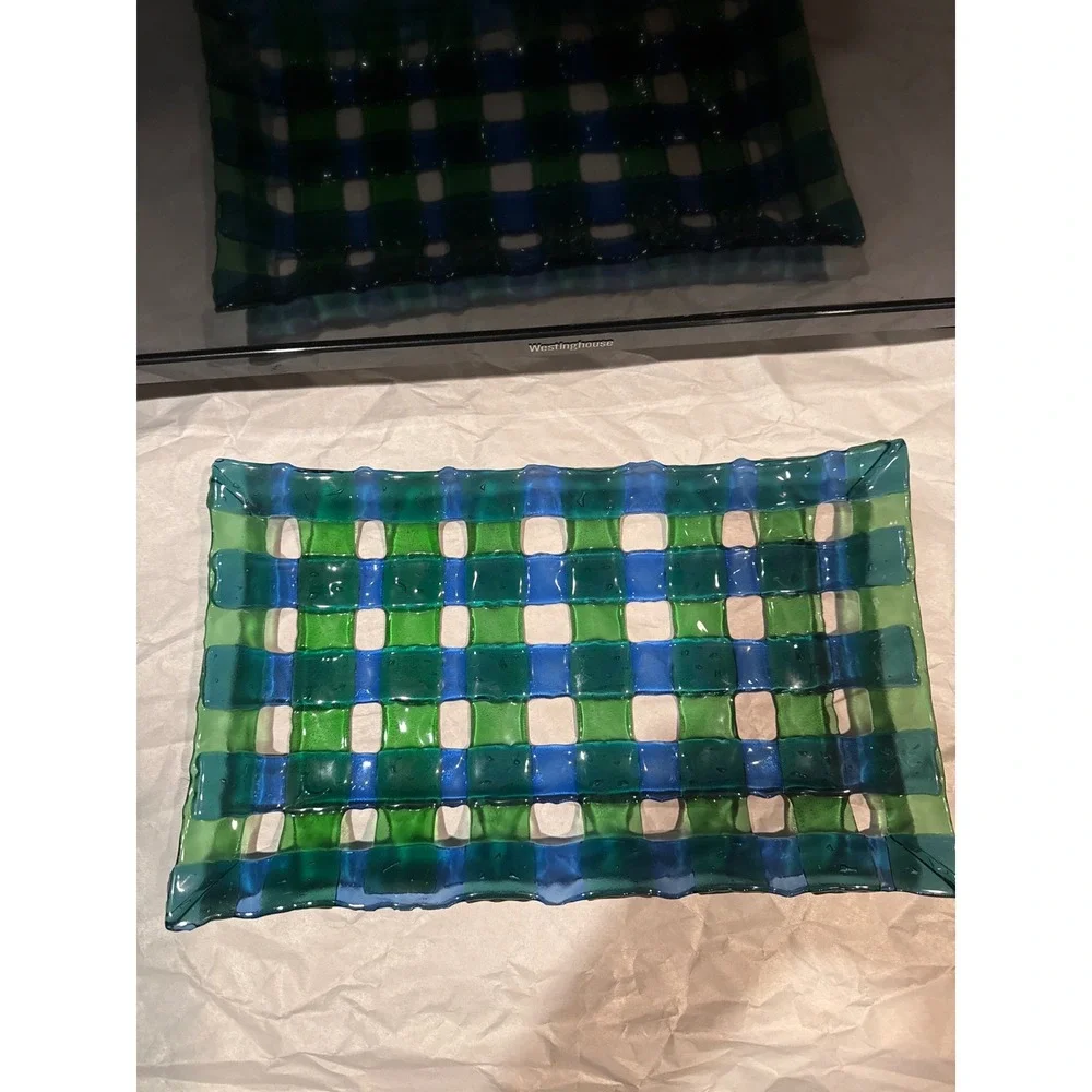 Handmade Fused‎ Glass Woven Lattice Platter Green Blue Plaid Decorative Tray 14